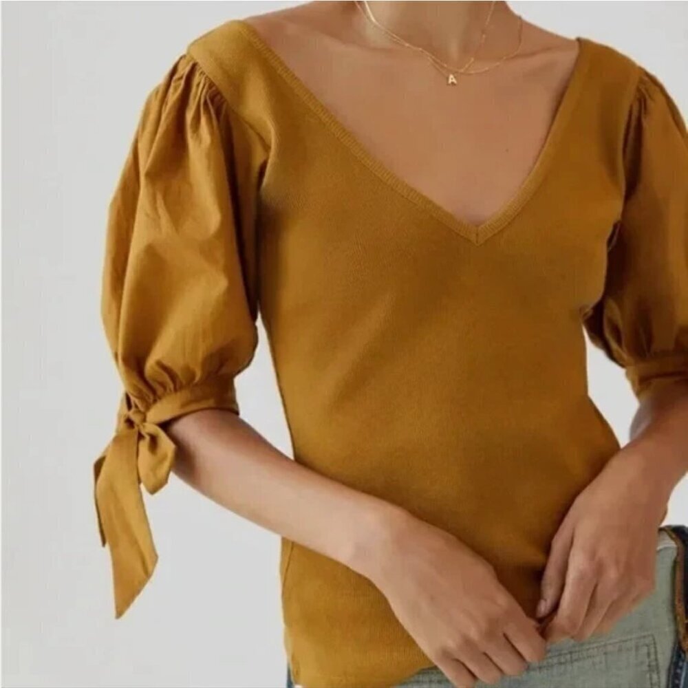 Maeve Anthropologie Meadow Rue  Mustard Ribbon Tied Puff-Sleeved V Neck Blouse S - Picture 4 of 9